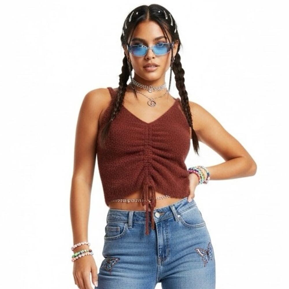 NWT Charmed Hearts Fuzzy Crop Cami Womens L Rust Knit Festival Coquette Y2K